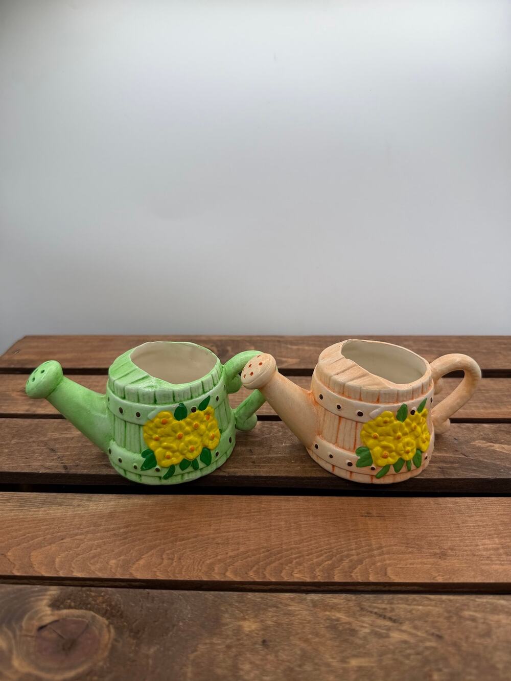 Vintage Ceramic Watering Can Planter Pair -Hand Paint Yellow Flowers-Green/Peach